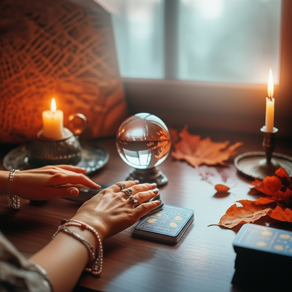 Расклад Таро на переезд в другой город: руки раскладывают карты на деревянном столе, рядом свеча, хрустальный шар и карта мира, символизирующие важное решение и предвкушение нового пути.