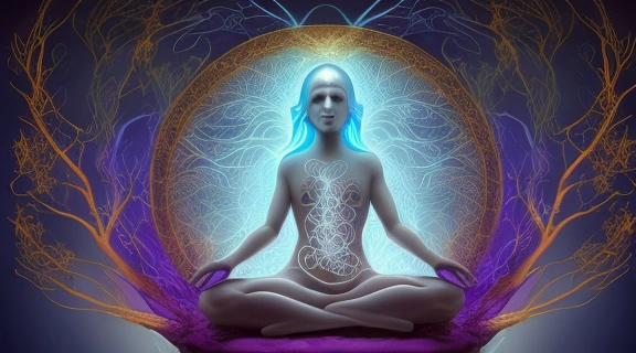 Мистическое изображение, символизирующее переселение душ каббала сновидения, где полупрозрачная фигура души окружена элементами Древа Жизни и потоками сновидений.