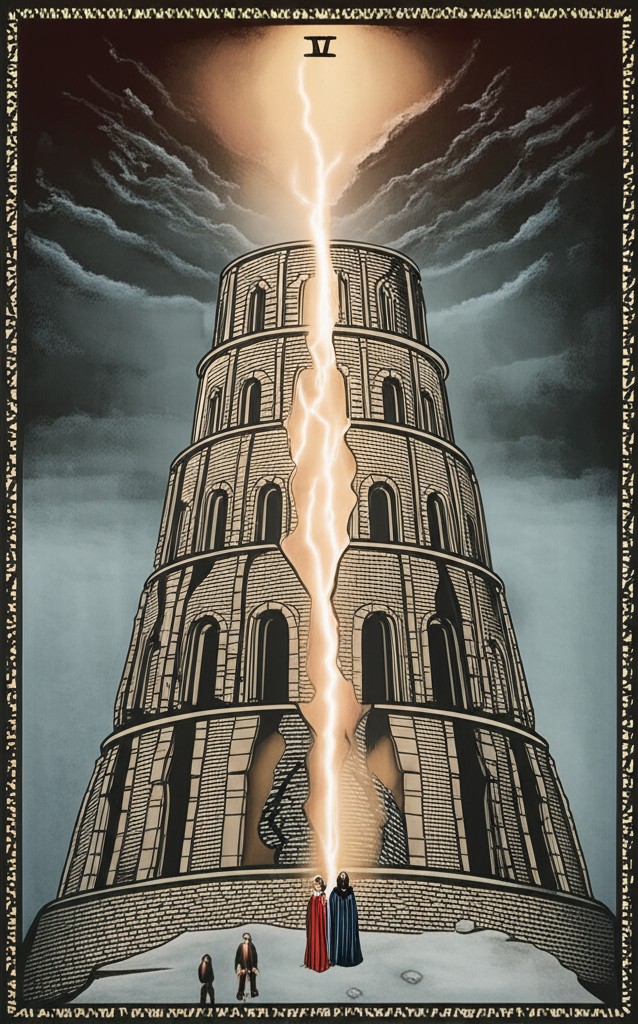 Иллюстрация карты Таро, демонстрирующая значение карты Башня в Таро перевернутая, где башня стоит, но с видимыми трещинами и медленно осыпающимися фрагментами, символизируя скрытые или отложенные разрушения.