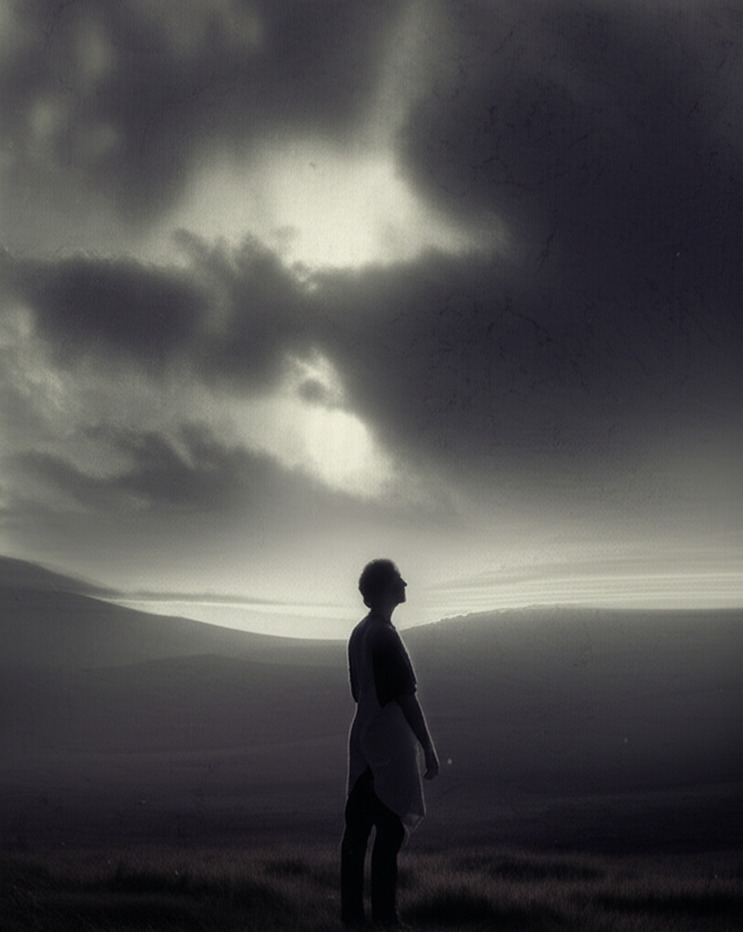 Значение карты Солнце в Таро перевернутая: Человек, стоящий в тени, с облаками, закрывающими солнце, символизирующий скрытые радости и временные трудности.