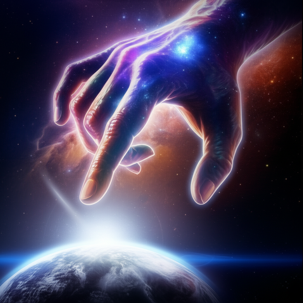 Космический перст судьбы или конец света, указывающий на планету Земля из глубин вселенной.