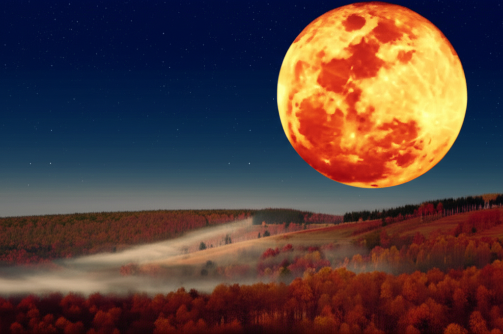 Яркая Урожайная Луна над осенним пейзажем — это первое полнолуние осени.