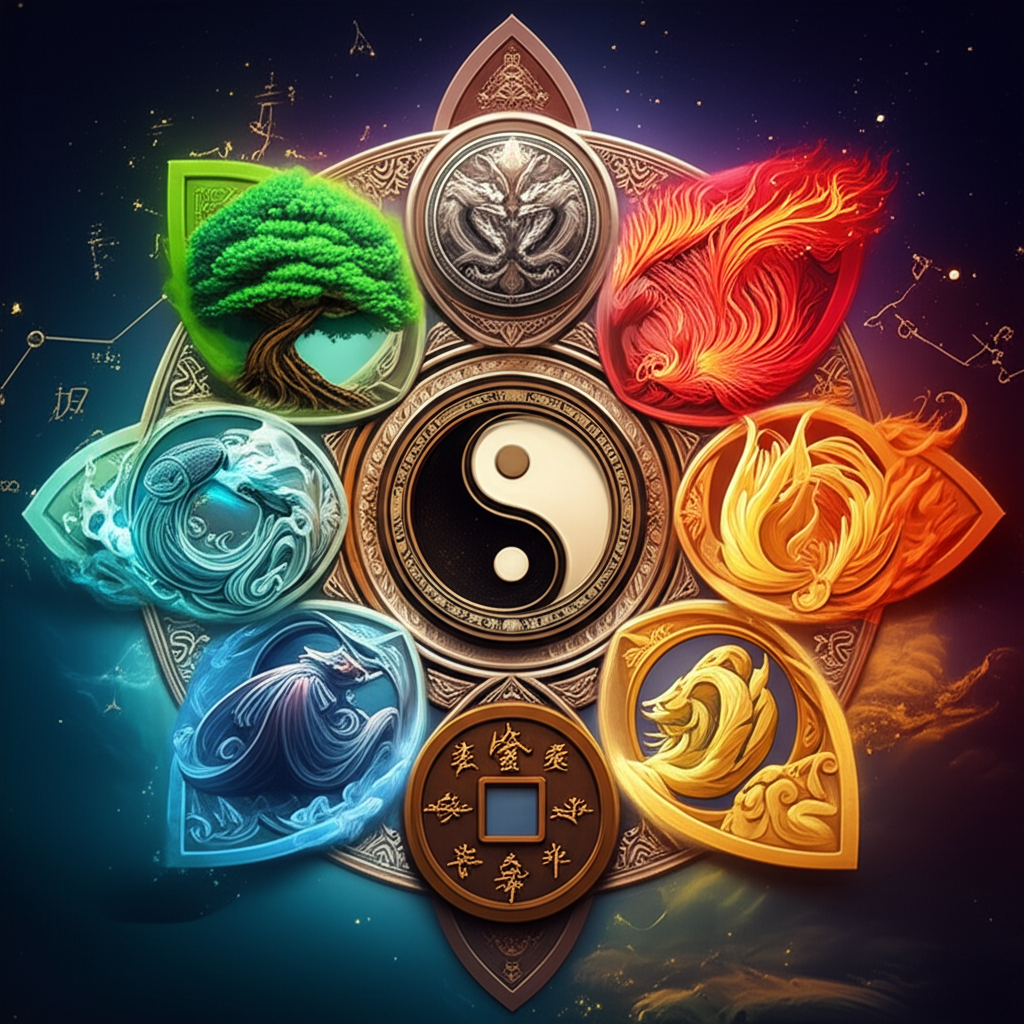 Иллюстрация, изображающая сложную систему пяти элементов в китайской астрологии: Дерева, Огня, Земли, Металла и Воды, расположенных вокруг символа Инь и Ян, демонстрирующая циклы их взаимодействия.