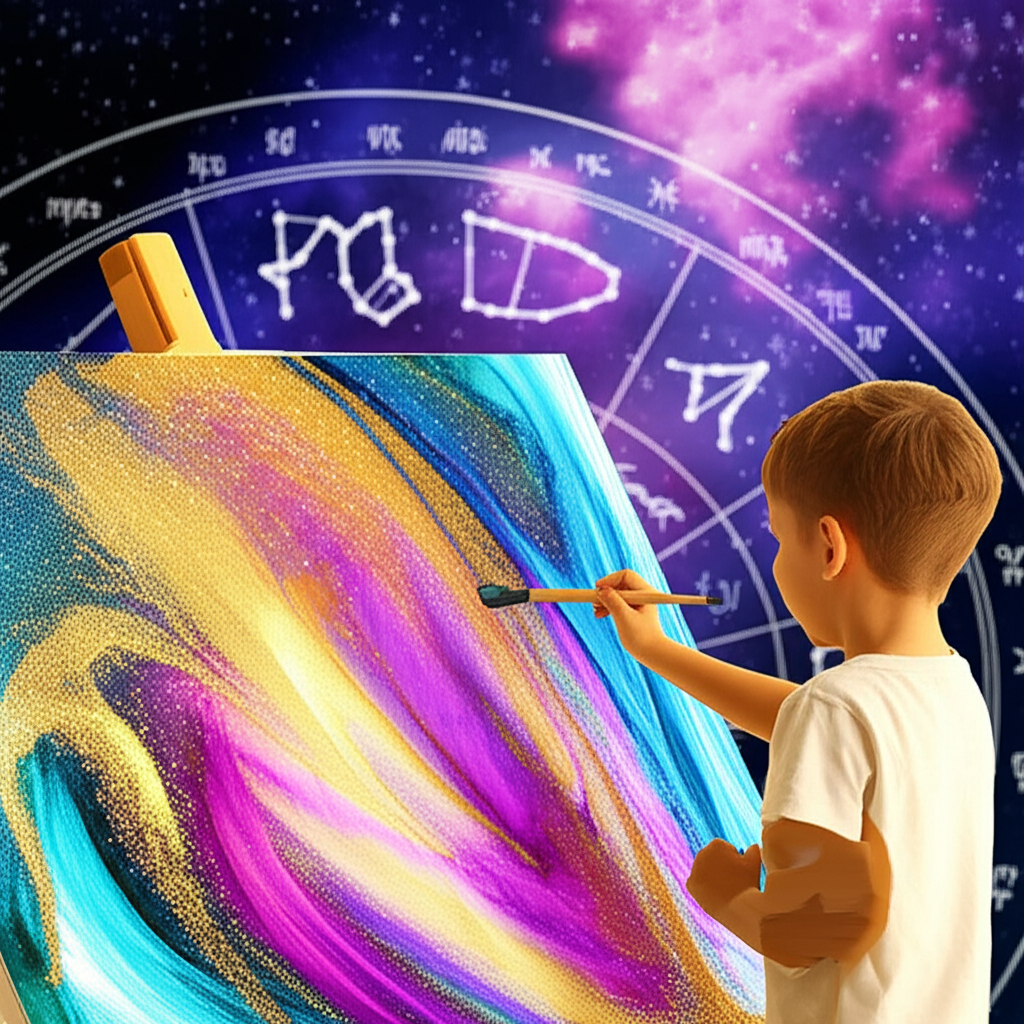 Астрологическая концепция пятый дом дети и творчество, где ребенок увлеченно рисует на фоне светящегося зодиакального круга.