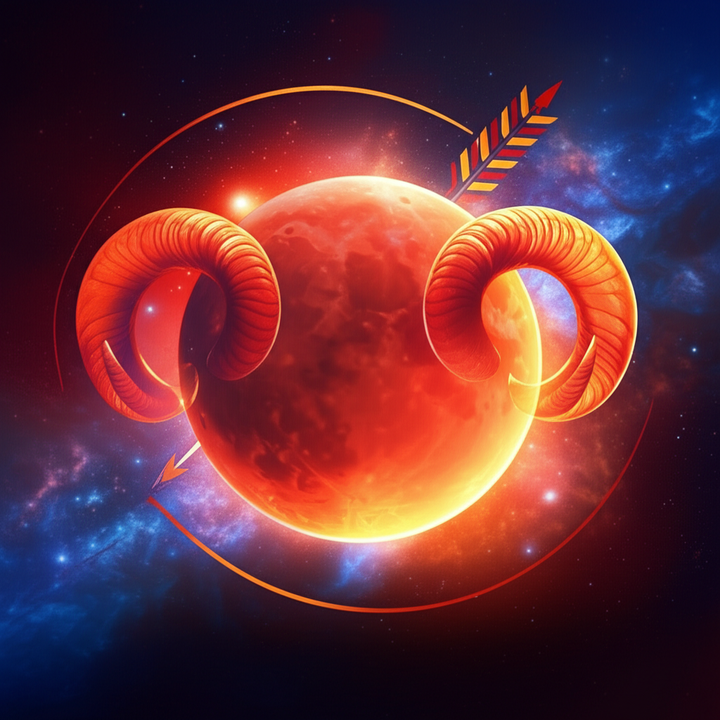 Динамичная иллюстрация, изображающая Луну с огненным ореолом и элементами знака Овна, символизирующая значение Луны в натальной карте в Овне.