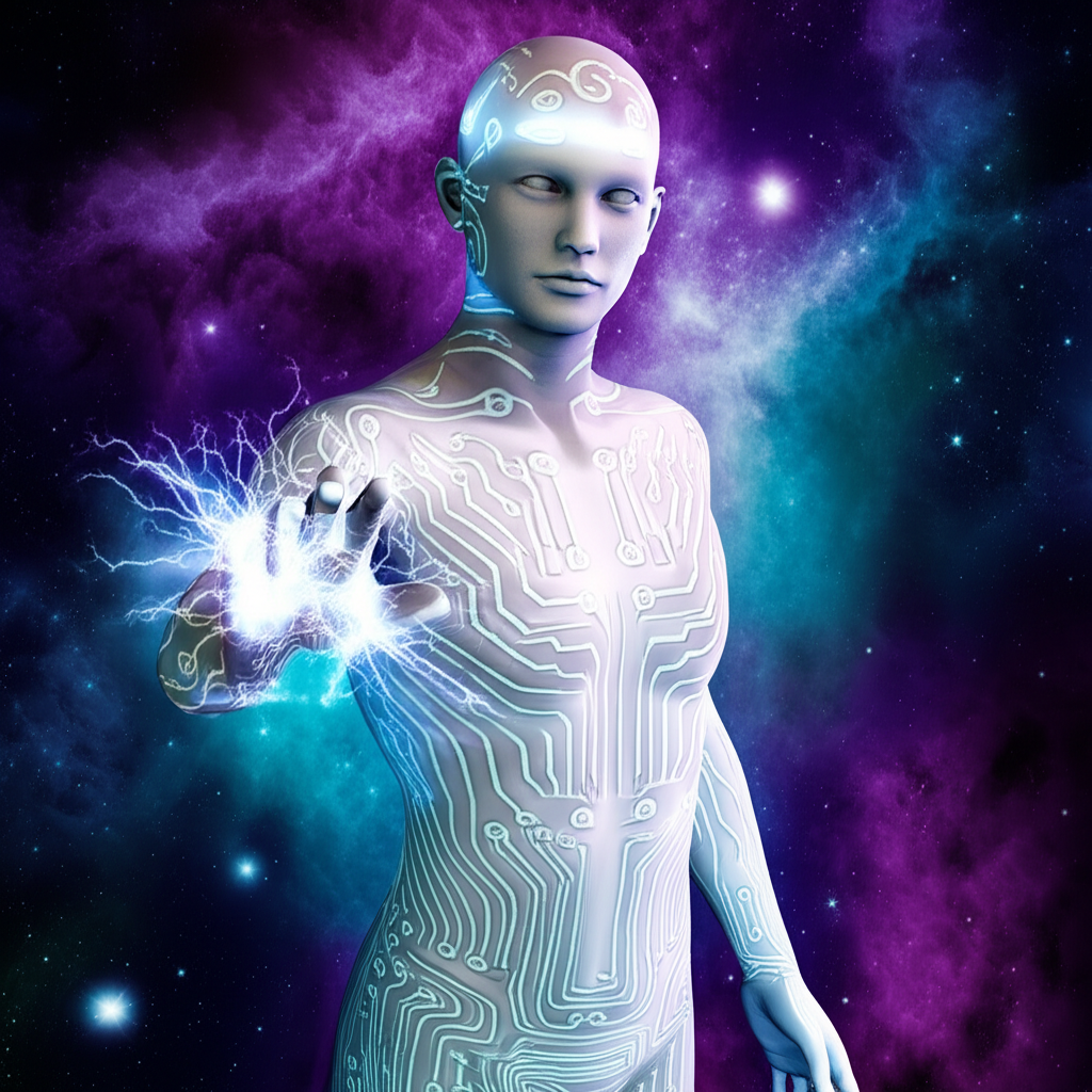 Планета Водолея Уран в виде футуристического божества, символизирующего инновации и свободу.