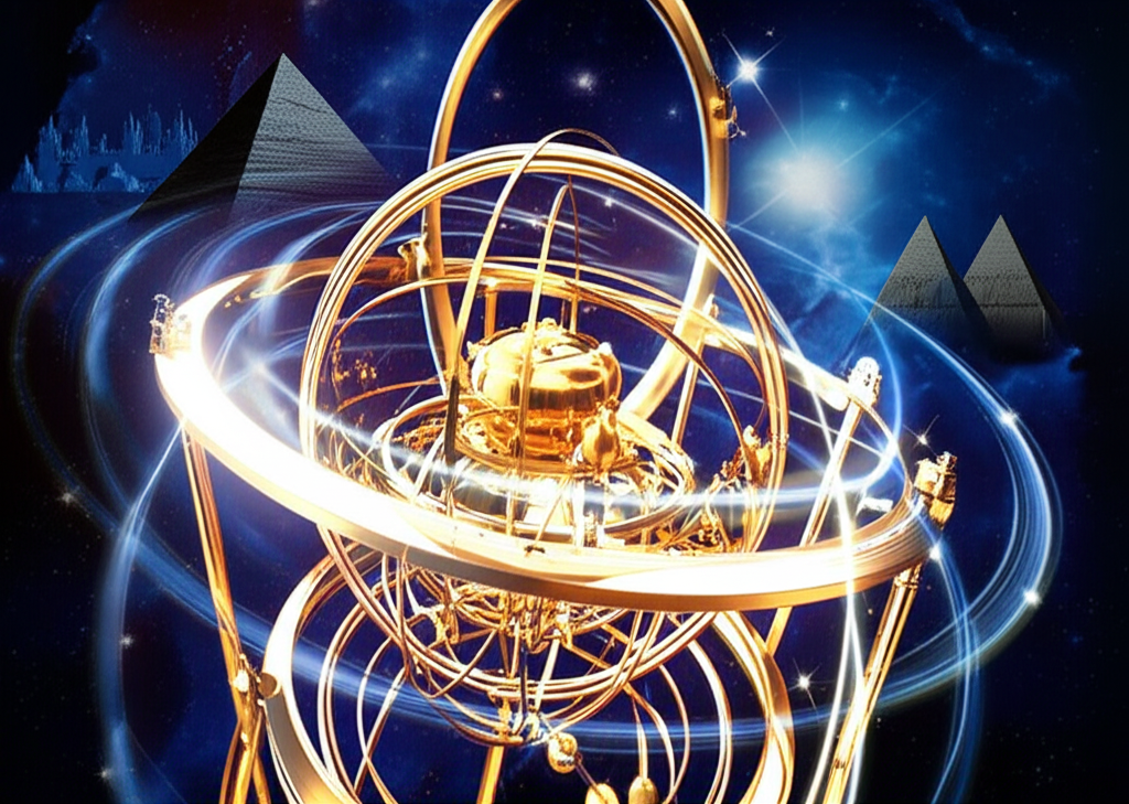 Сложная модель космоса, где планетарные циклы и мировые события переплетаются в едином узоре.