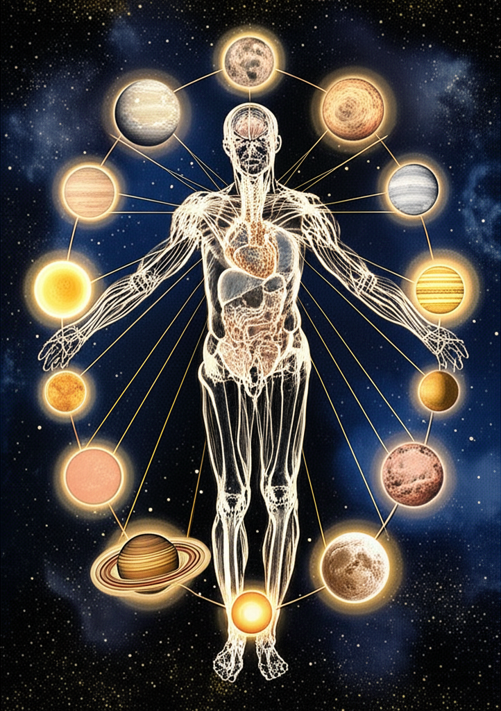 Древняя схема, где планеты и органы тела человека связаны космическими линиями.
