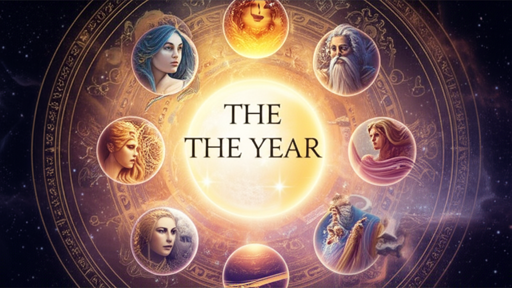 Иллюстрация, символизирующая семь планет-управителей года, их влияние и космические ритмы, окружающие центр, представляющий текущий год.