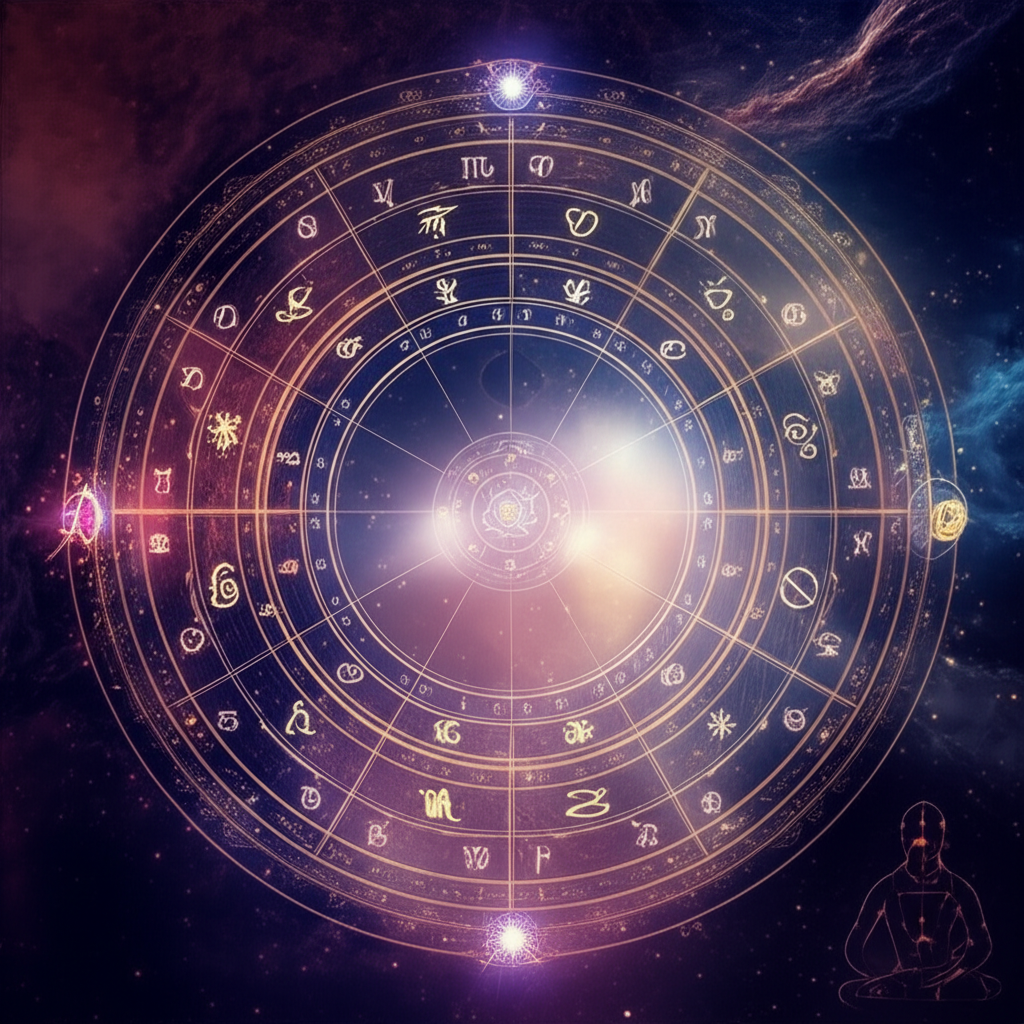 Иллюстрация астрологической натальной карты, детально показывающая положение планеты в домах, со знаками Зодиака и аспектами.