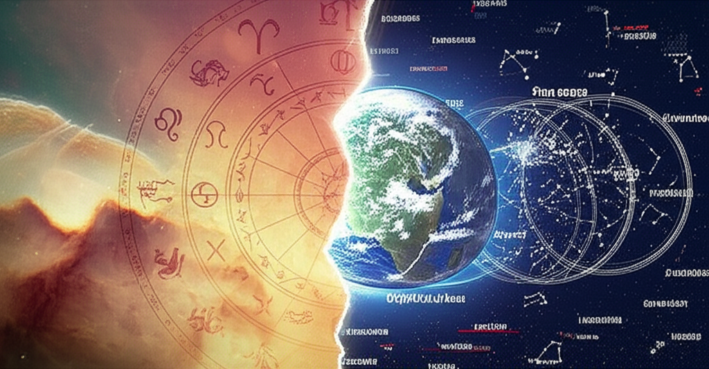 Изображение, демонстрирующее почему гороскопы противоречат, с одной стороны — древние астрологические символы, с другой — современные астрономические данные и смещение созвездий.