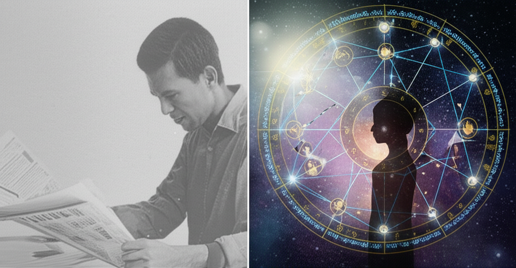 Иллюстрация, наглядно показывающая, почему гороскопы разные: слева общий прогноз из газеты, справа — детальная натальная карта.