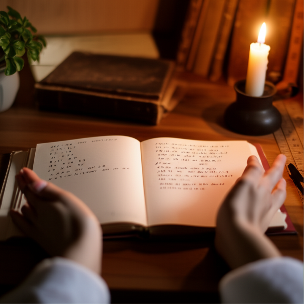 Качественный подсчет ангельского числа в винтажном блокноте при свете свечи для духовного анализа.