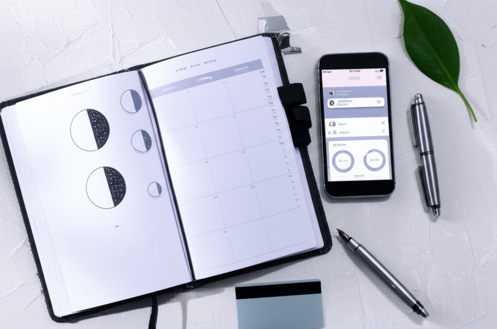 Человек планирует покупки по лунному календарю с помощью смартфона и записной книжки.