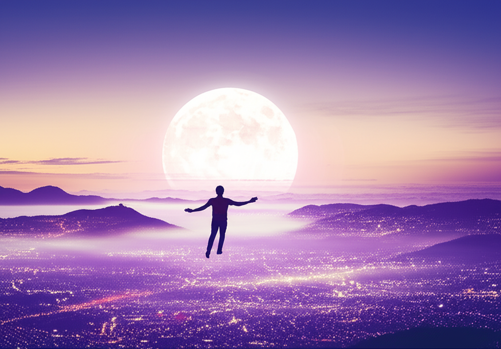 Человек совершает свободный полет во сне над красивым ночным городом, ощущая радость и легкость.