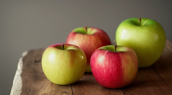 Разнообразные свежие яблоки и стакан яблочного сока, демонстрирующие полезные свойства яблок для здоровья и жизненной силы.