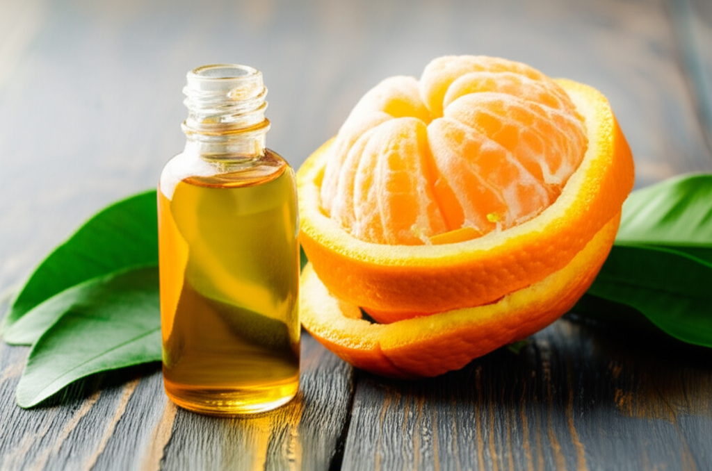 Стеклянный флакон и свежий цитрус, иллюстрирующие полезные свойства масла апельсина.