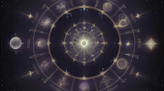 Завораживающий космический пейзаж с изображением зодиакального круга и планет, символизирующий Гороскоп для всех знаков зодиака 2026.