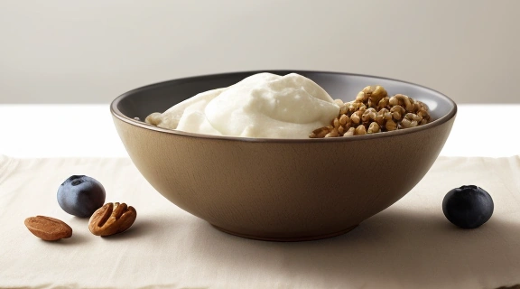 Крупный план свежего домашнего творога в керамической миске, украшенного ягодами и орехами, демонстрирующий пользу домашнего творога для завтрака.