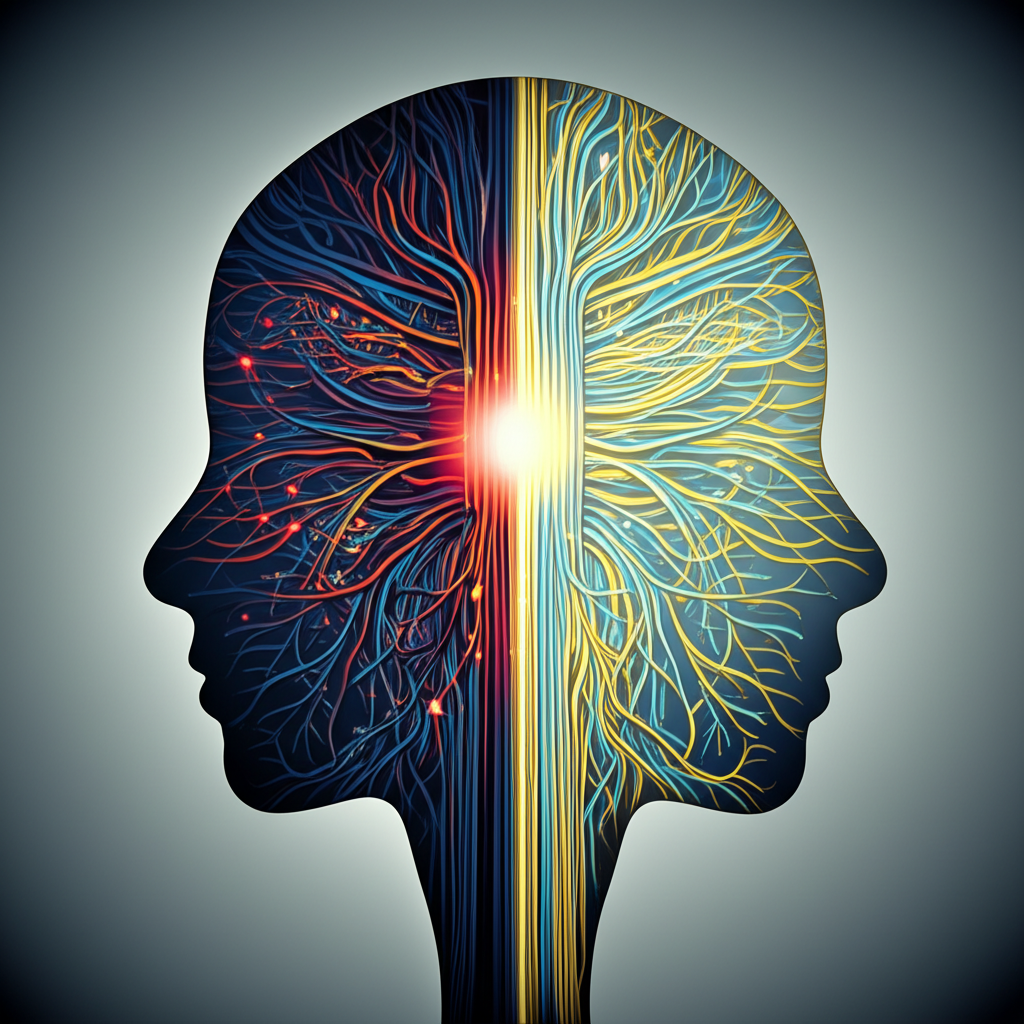 Схематичное изображение мозга, иллюстрирующее пользу и вред стресса на ментальное здоровье.