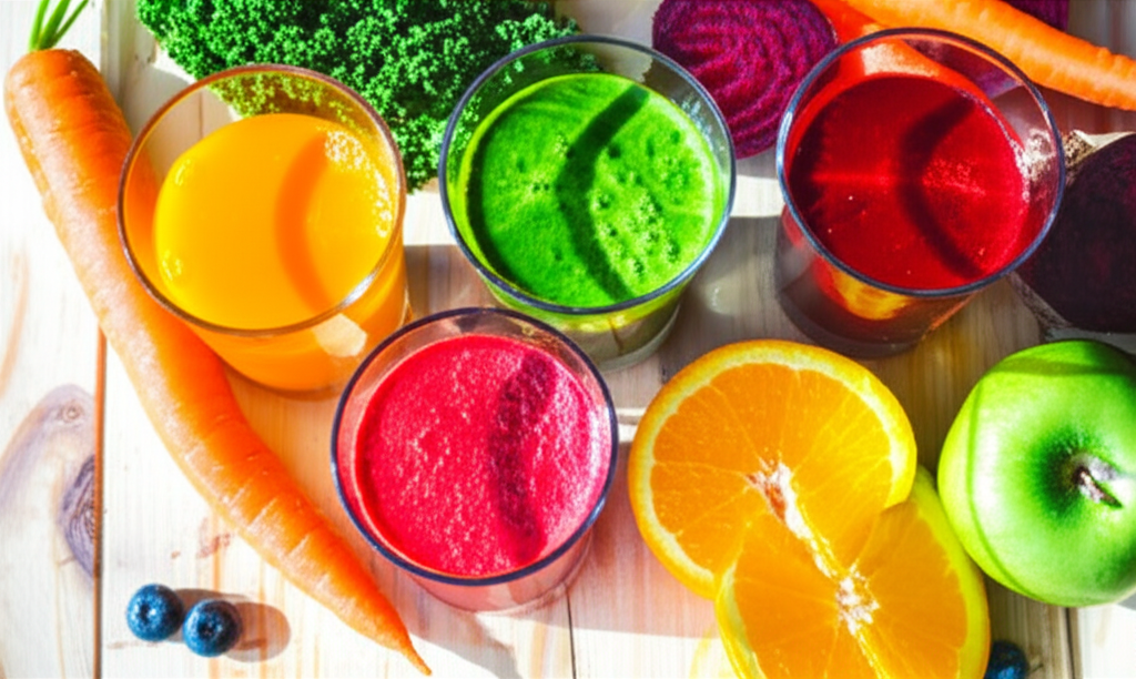 Разноцветные стаканы с напитками из овощей и фруктов, демонстрирующие пользу свежевыжатых соков для иммунитета и энергии.