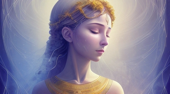 Иллюстрация, символизирующая способность Помнить прошлые жизни: женщина в медитации, окруженная потоками света и образами древних цивилизаций.