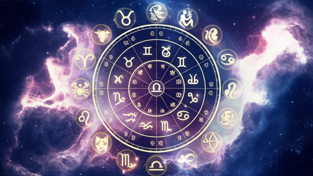 Иллюстрация, демонстрирующая сложную характеристику знака зодиака и натальную карту в окружении символов элементов и планет.