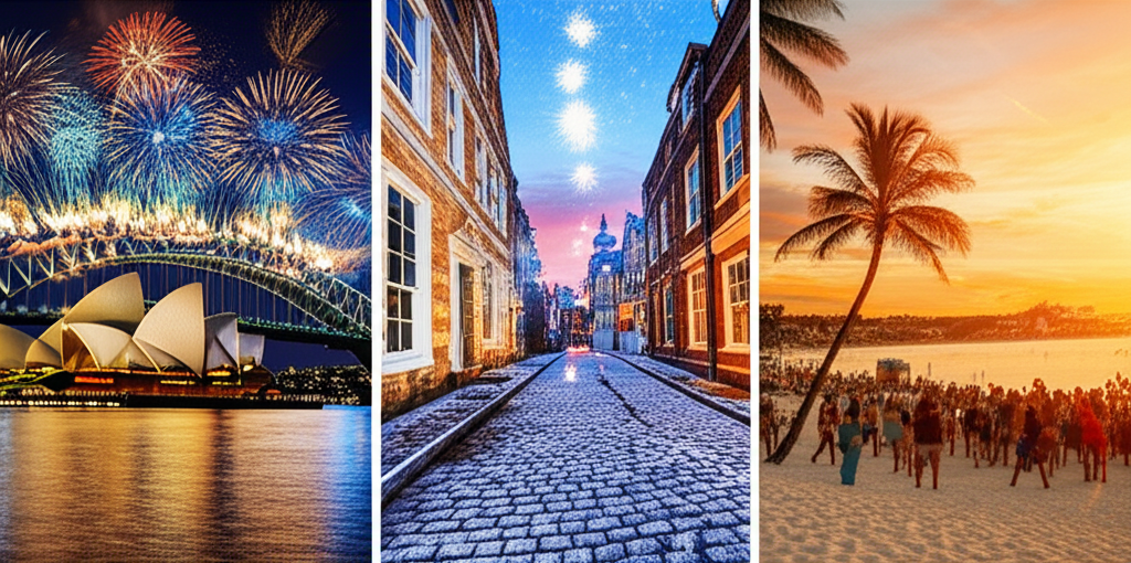 Фотоколлаж, демонстрирующий популярные места для празднования нового года: салют над Сиднеем, уютная улочка в Праге и тропический пляж.