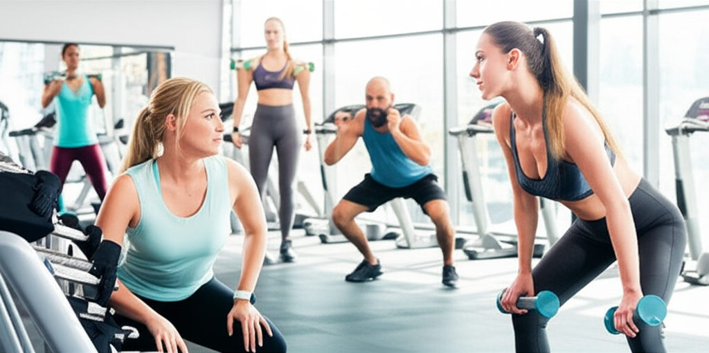 Раскрываем популярные мифы о тренировках на примере людей в современном фитнес-центре.