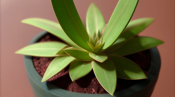 Здоровое и пышное денежное дерево в терракотовом горшке на деревянном столе, с китайскими монетами на грунте, символизирующими процветание.