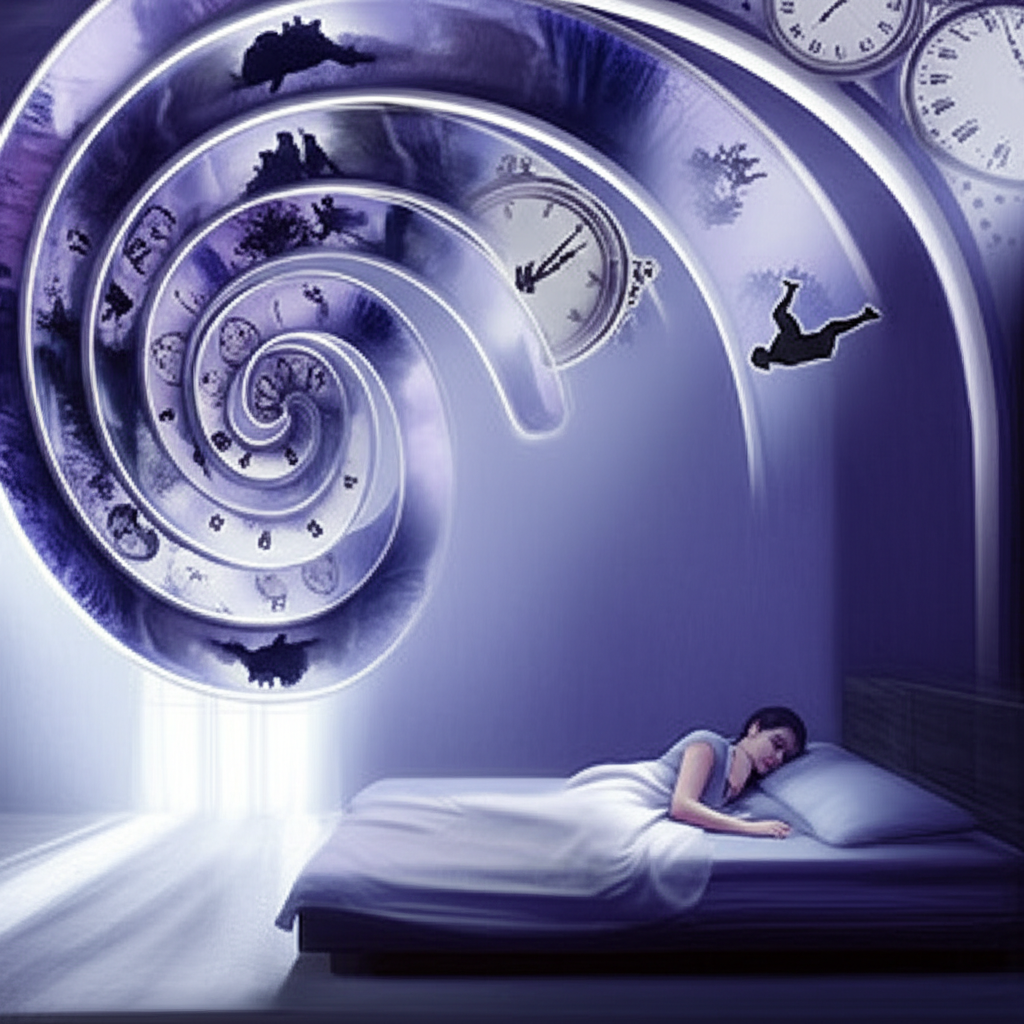 Человек спит и видит повторяющиеся сны, изображенные в виде сюрреалистической спирали над его головой.