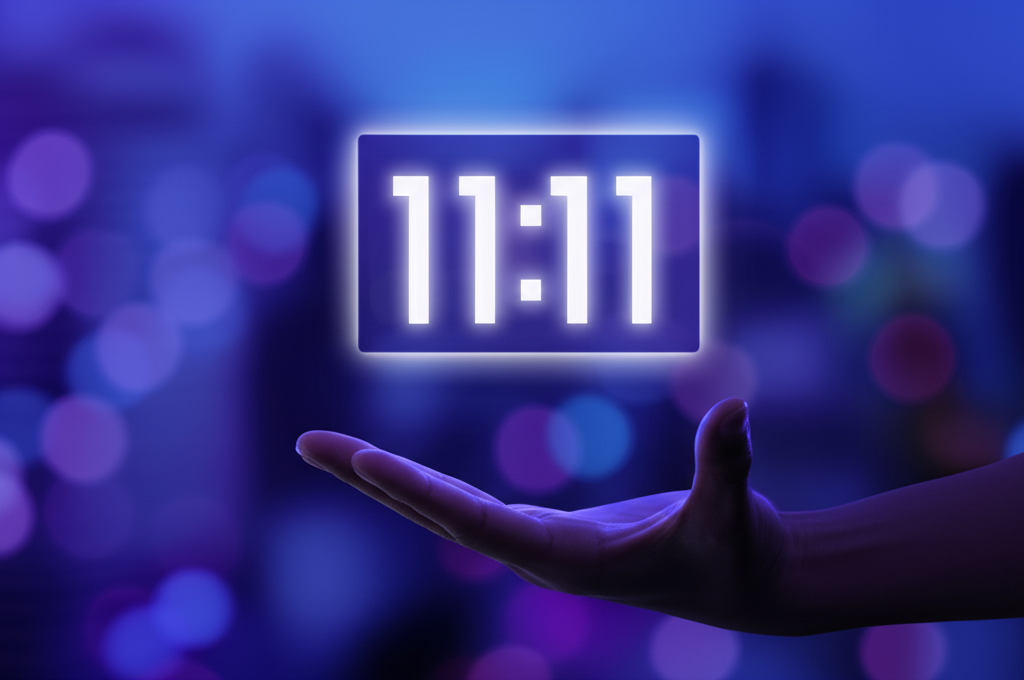 Человек смотрит на светящиеся часы, где повторяющиеся цифры значение 11:11 символизируют синхроничность и новые возможности.