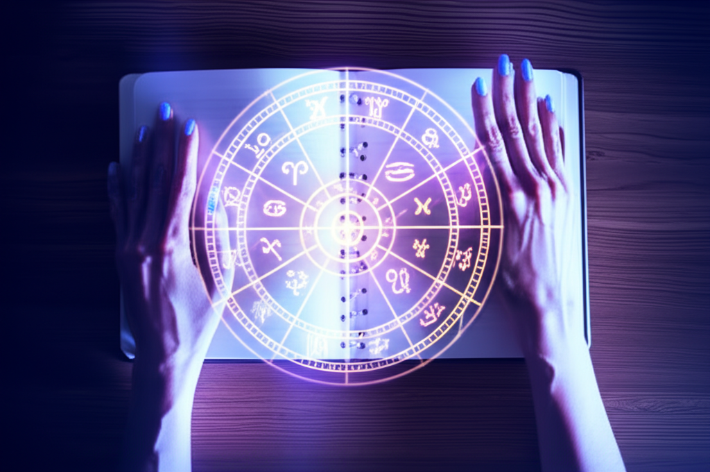 Человек выполняет упражнения по астрологии с помощью натальной карты и записей в блокноте.