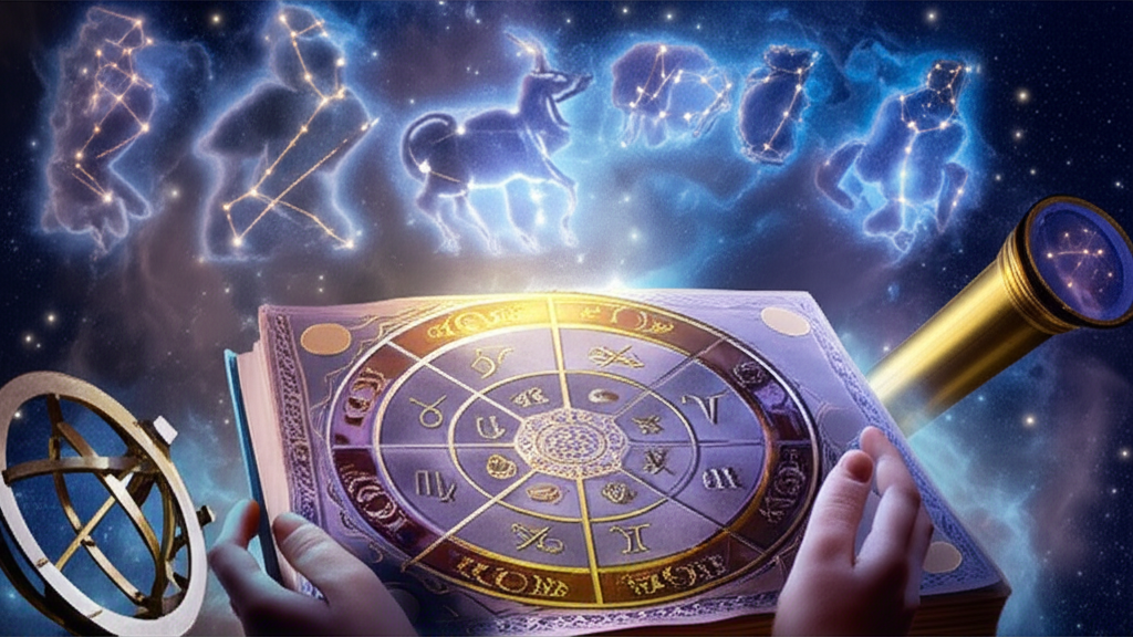 Иллюстрация, изображающая древнюю книгу с астрологическими символами на фоне звездного неба, задающая вопрос: правдивы ли гороскопы?