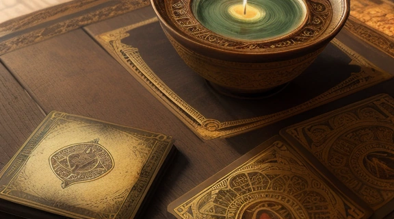 Изображение колоды Таро, свечей и дневника для записей, символизирующее правила гадания на картах и процесс обучения.
