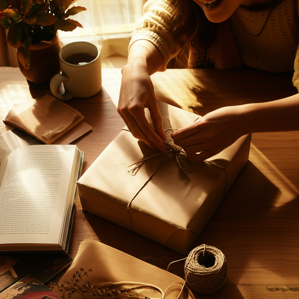 Продуманный процесс упаковки презента, иллюстрирующий правила выбора подарков.