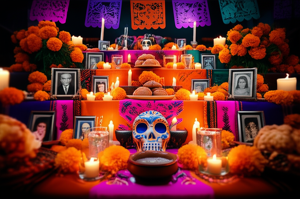 Традиционный алтарь, подготовленный на Праздник мертвых в Мексике, с цветами и свечами.