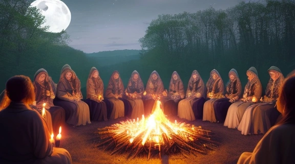 Яркая сцена празднования Купальской ночи, демонстрирующая Праздники древних славян, с кострами, танцами и венками на воде.