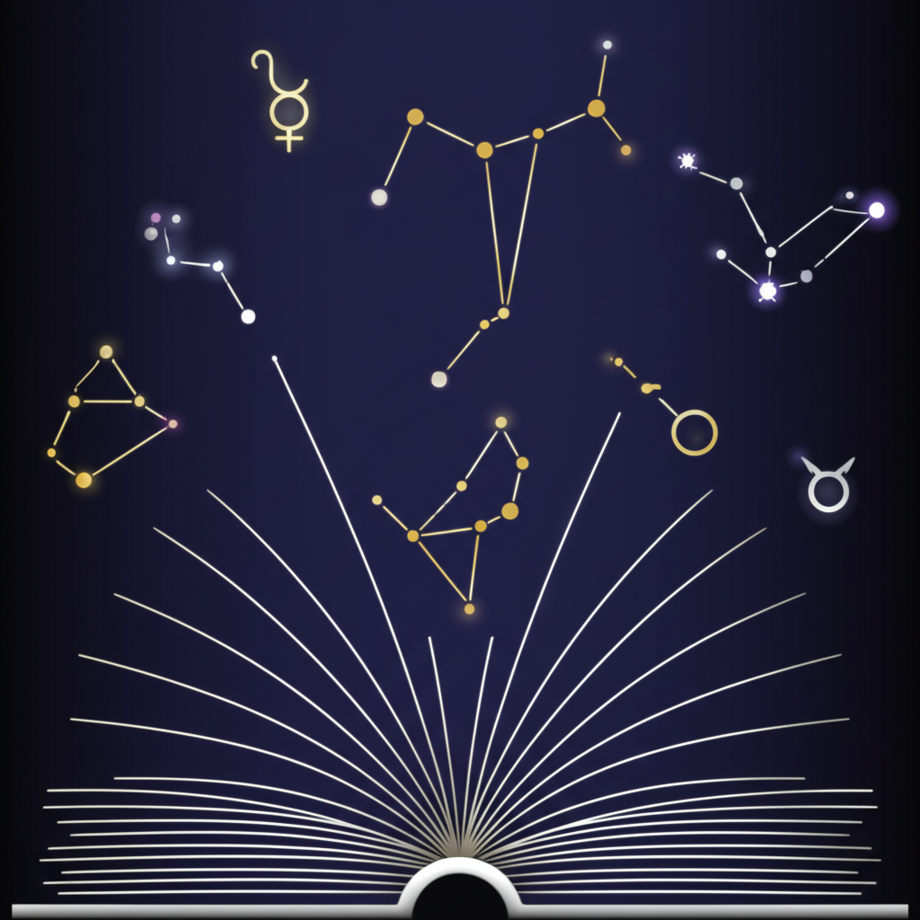 Открытая книга как предметный указатель по астрологии с символами планет и созвездий.