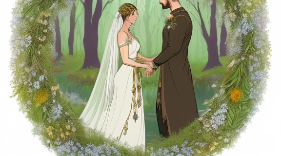 Славянская невеста у воды, окруженная зеленью, что символизирует предсвадебные приметы славян и их верования.