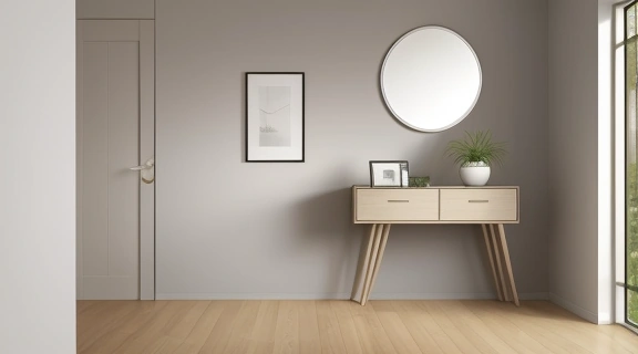 Светлая и минималистичная прихожая по фэн-шуй с живым растением и овальным зеркалом, создающая ощущение простора.