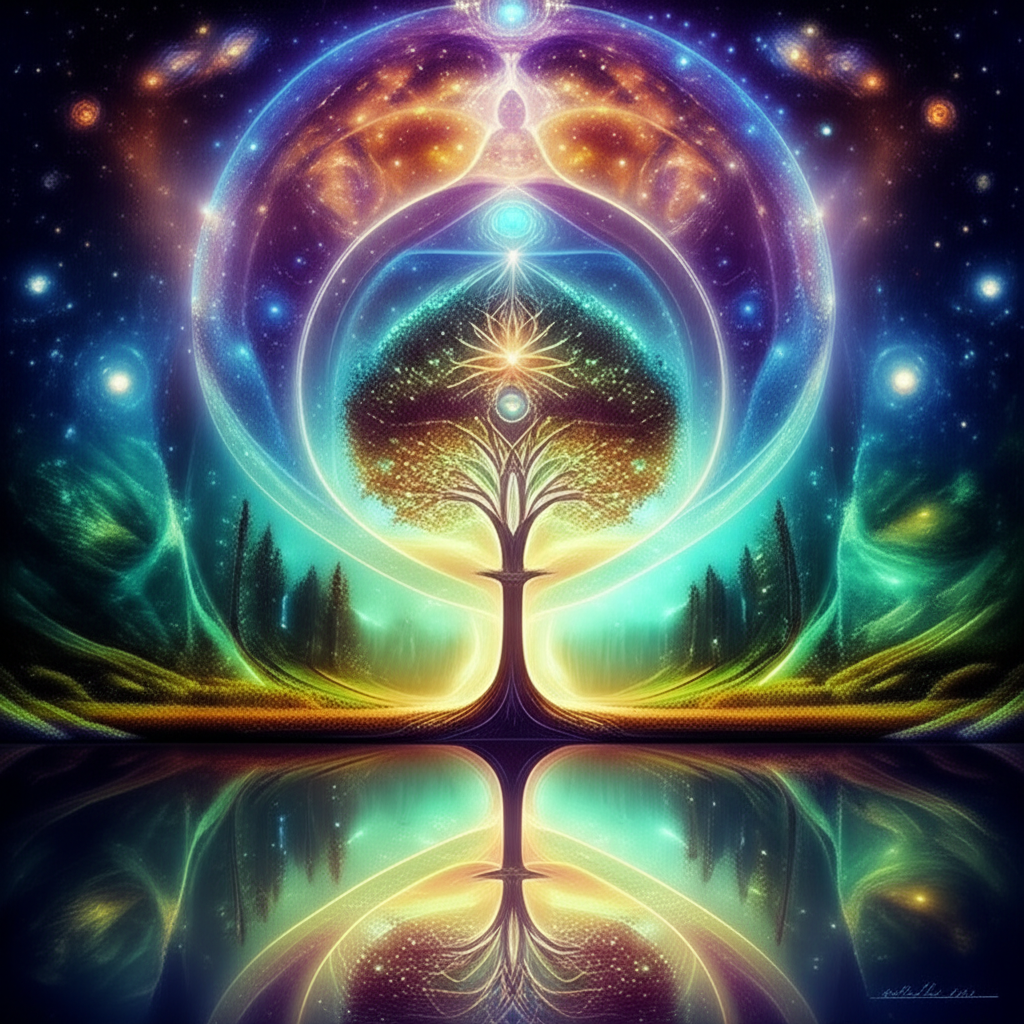 Иллюстрация, визуализирующая универсальный принцип «как вверху, так и внизу», показывающая отражение макрокосма в микрокосме.