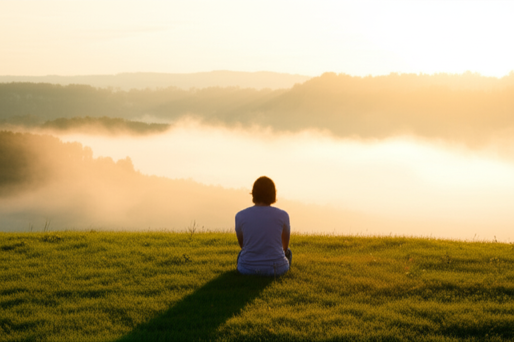Человек, обретающий гармонию и изучающий принципы счастливой жизни на фоне восхода солнца.