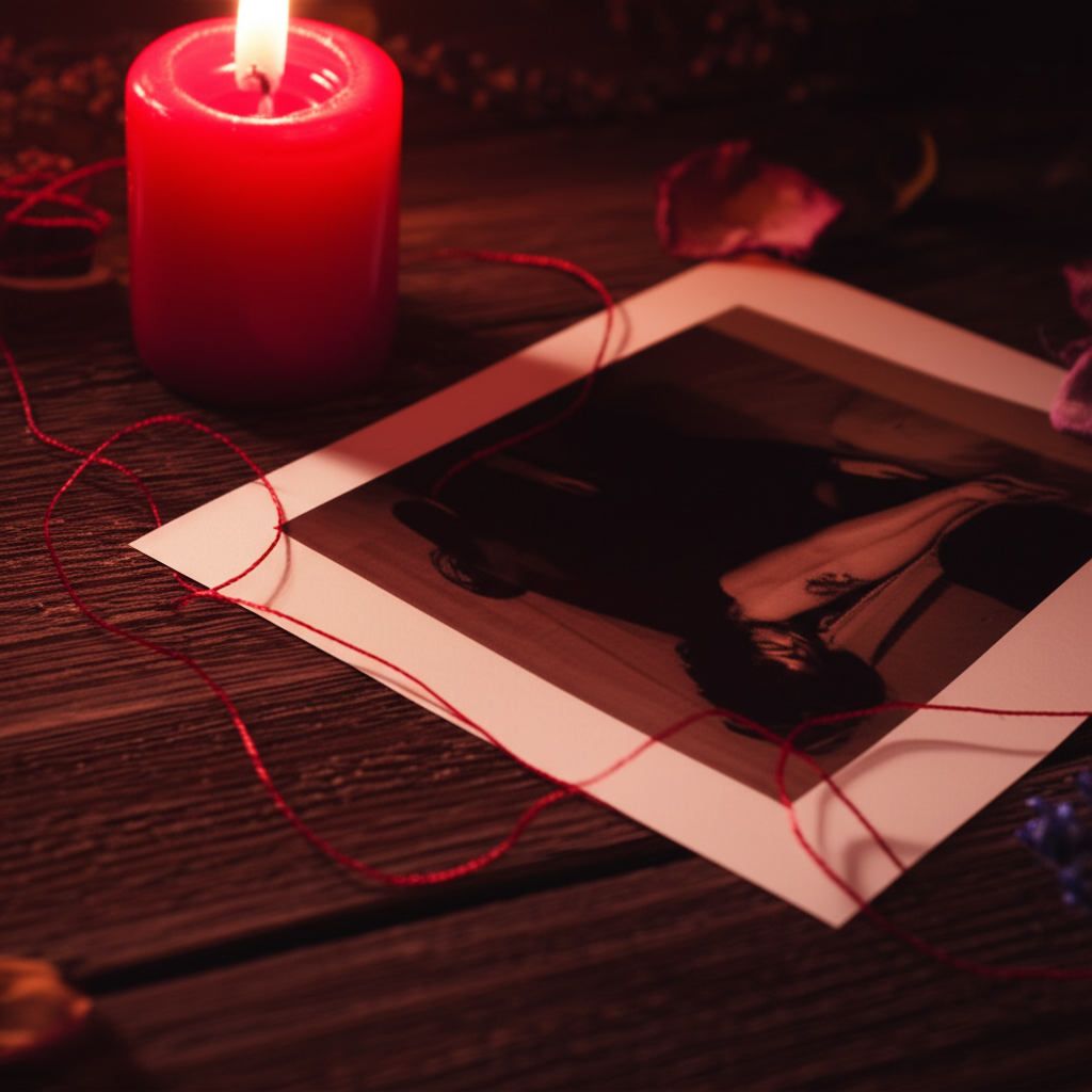 Старинная фотография на столе, используемая для ритуала привороты по фотографии.