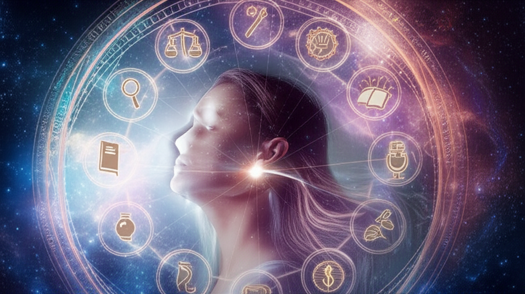 Изображение демонстрирует мистическую связь между астрологической натальной картой и различными профессиями, символизируя разгадку потенциальных профессий по натальной карте.