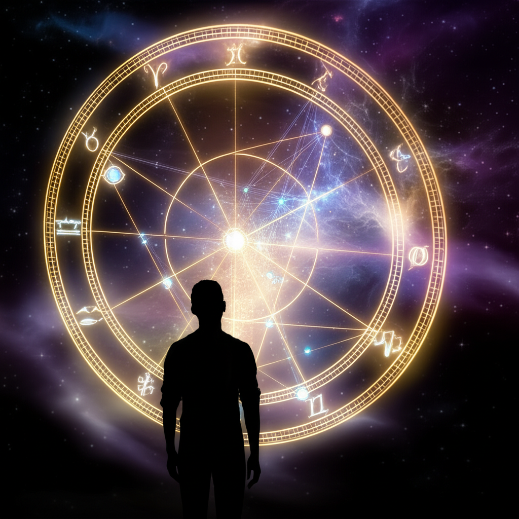 Детальная профессиональная натальная карта с планетами и знаками зодиака на фоне звездного неба