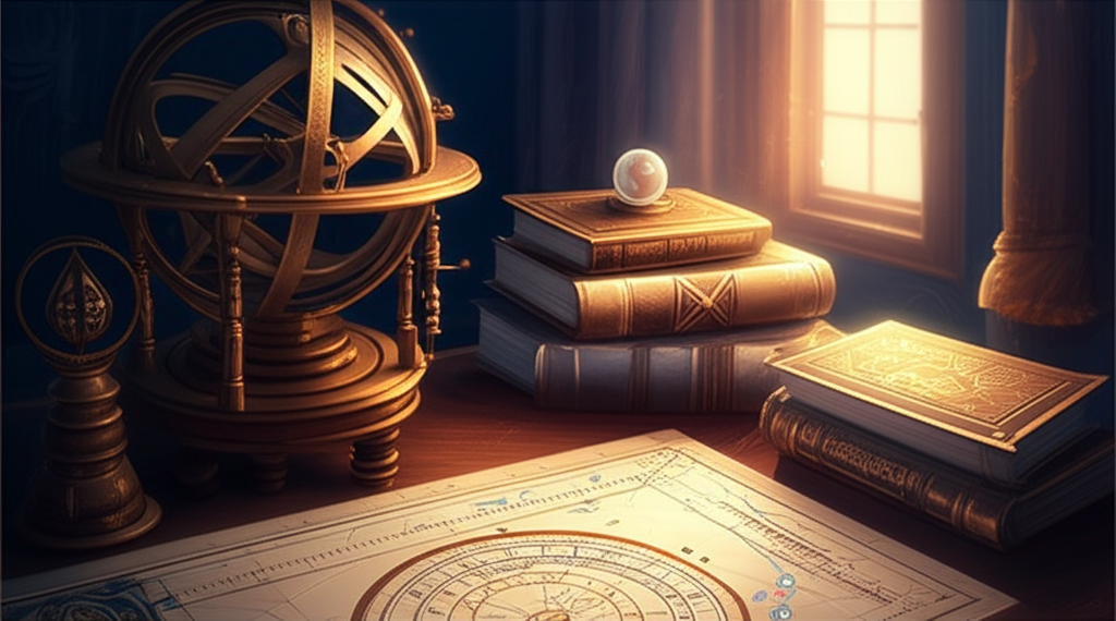 Рабочее место, где работает профессиональный астролог с натальной картой и книгами