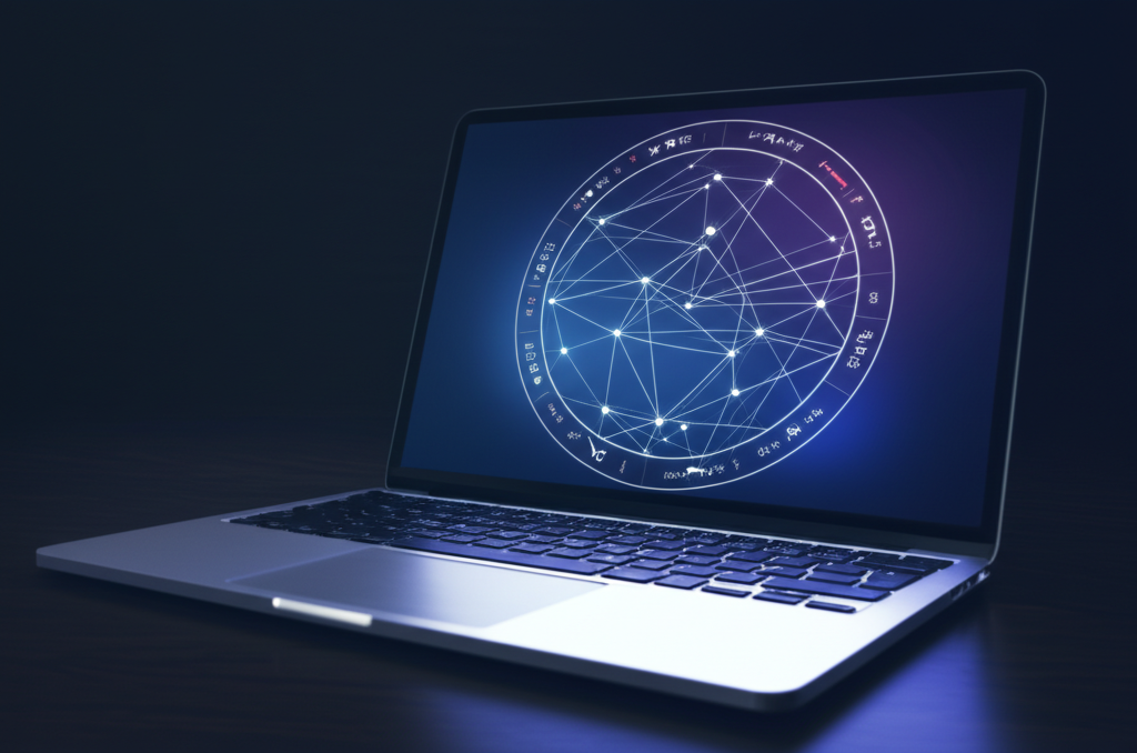 Визуализация натального гороскопа через программы для астрологии astro.com на современном ноутбуке.