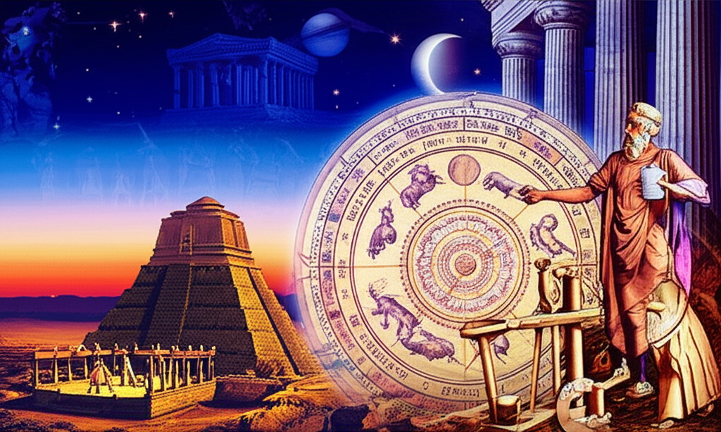 Иллюстрация, отображающая происхождение астрологии, с элементами вавилонских зиккуратов, греческих философов с зодиакальными кругами и арабских астрономов, символизирующая тысячелетия небесных наблюдений.