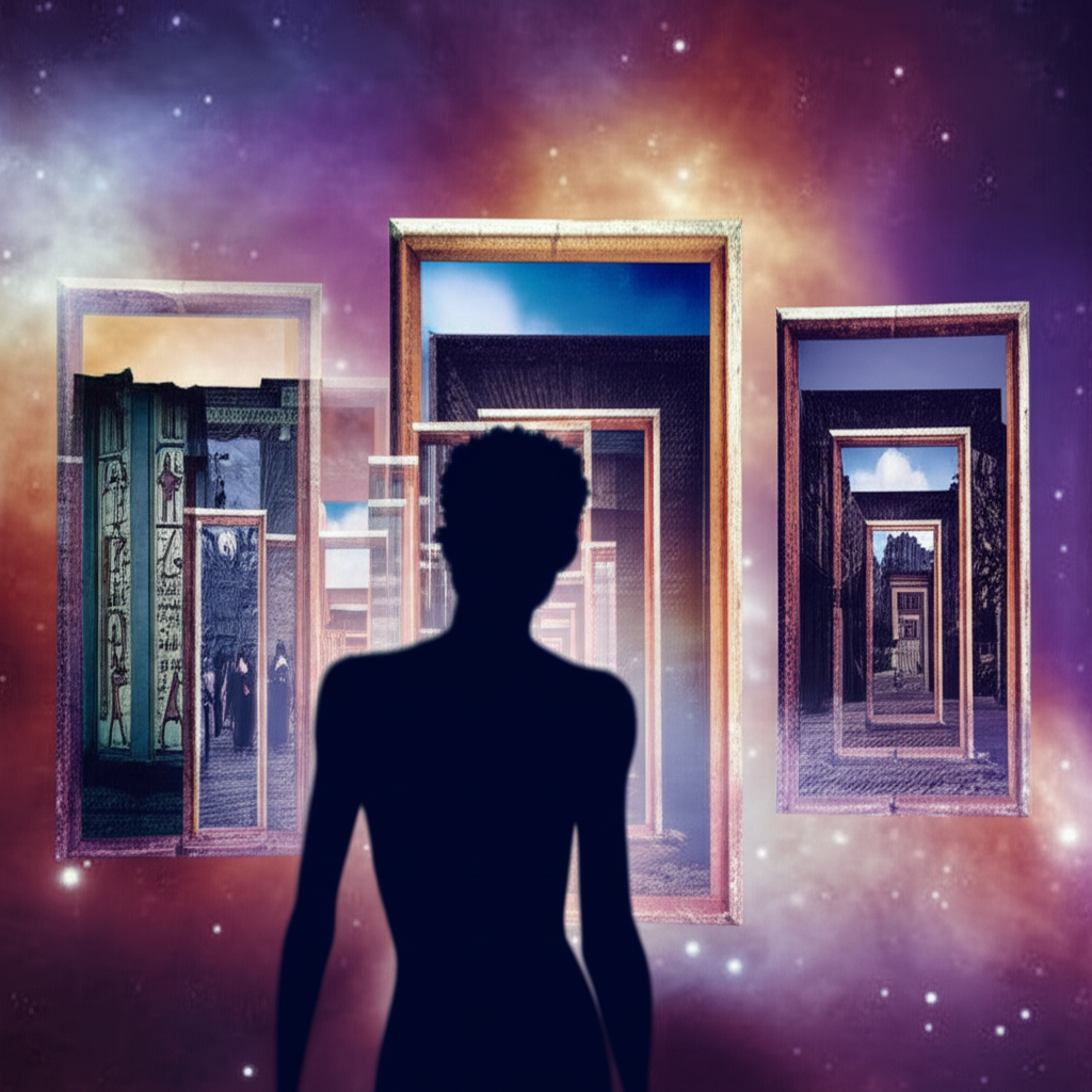 Символическое изображение, раскрывающее тему прошлые жизни через порталы в разные эпохи.